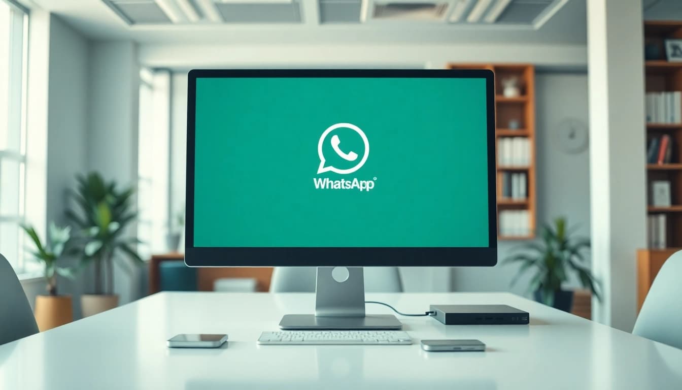 WhatsApp网页版 shown in a modern office setup, demonstrating seamless messaging on a large screen.