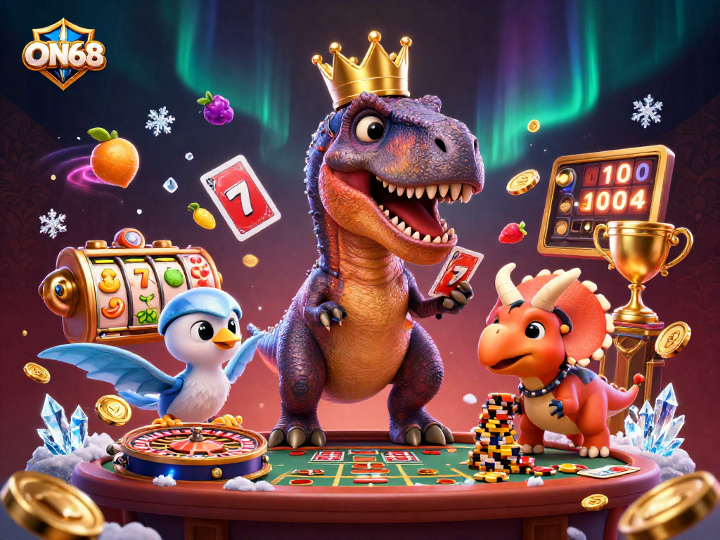 Experience thrilling gaming action at ON68 with a vibrant 3D casino scene featuring dinosaurs and classic casino elements.