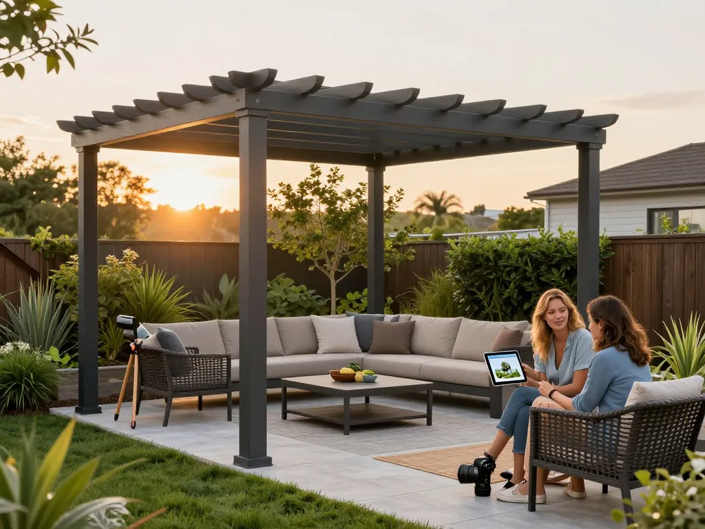 Fesselnde Szene, die Pergola Verkaufssoftware Schweiz zeigt, mit Benutzern, die Außenbereiche mit einem Tablet anpassen.