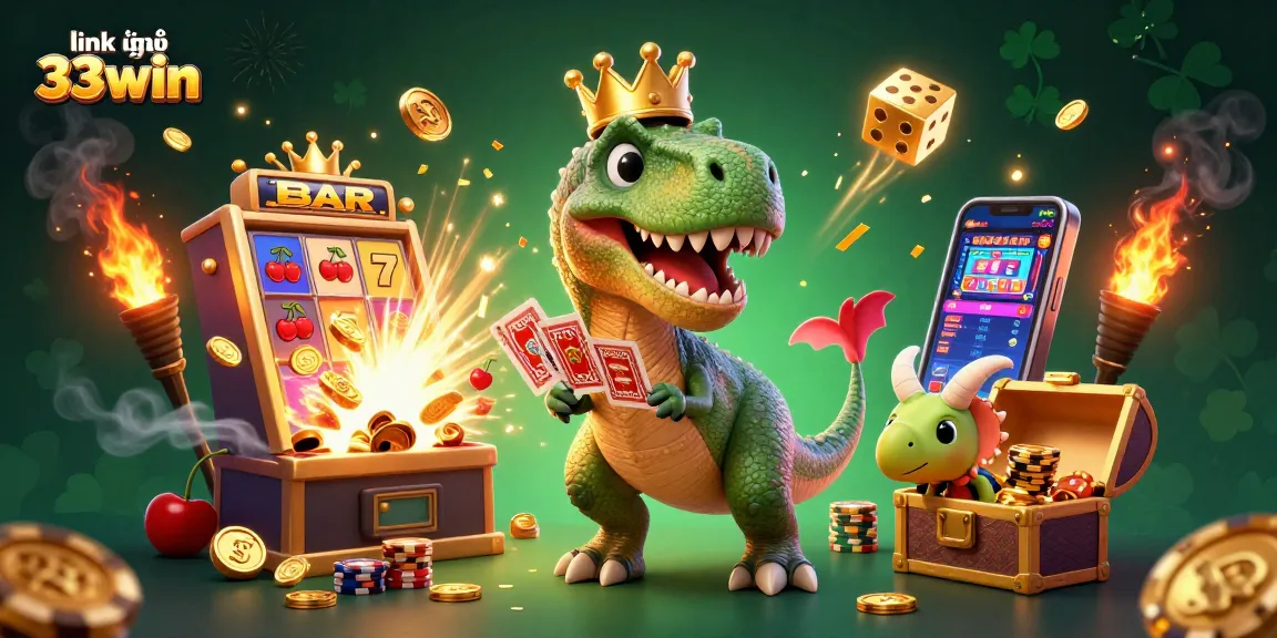 Win big at link vào 33win with a friendly dinosaur-themed casino illustration featuring games and excitement.