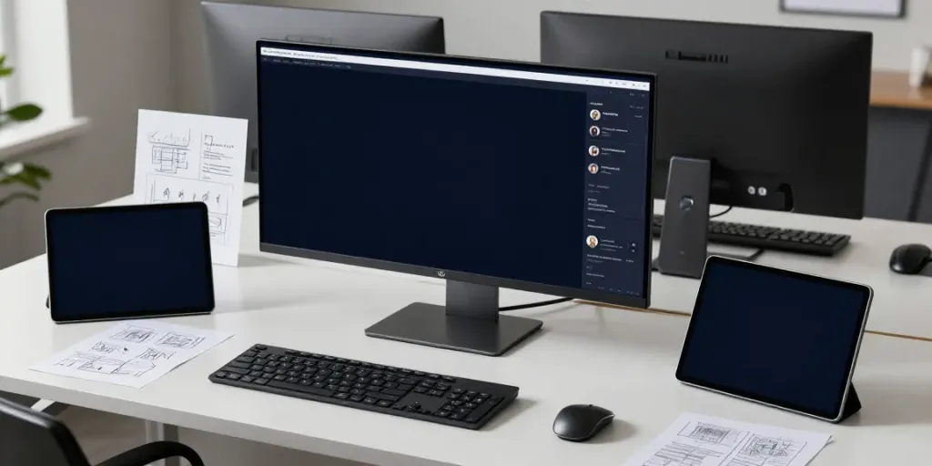 Découverte des influenceurs YouTube avec des outils numériques avancés dans une ambiance de bureau moderne.