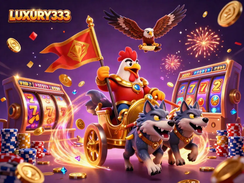 LUXURY333 menghadirkan ilustrasi dinamis perjudian dengan mesin slot dan karakter berkuasa, mengundang keberuntungan!