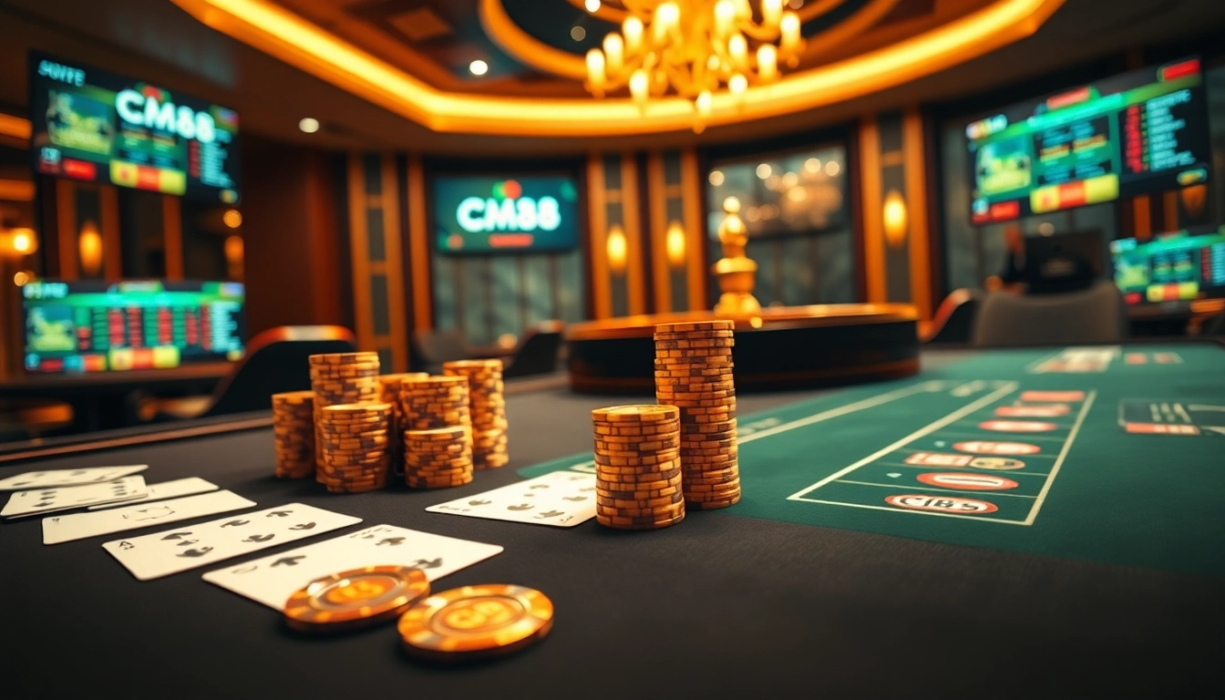 CM88 casino table with vibrant poker chips and cards - an exciting online gambling experience.
