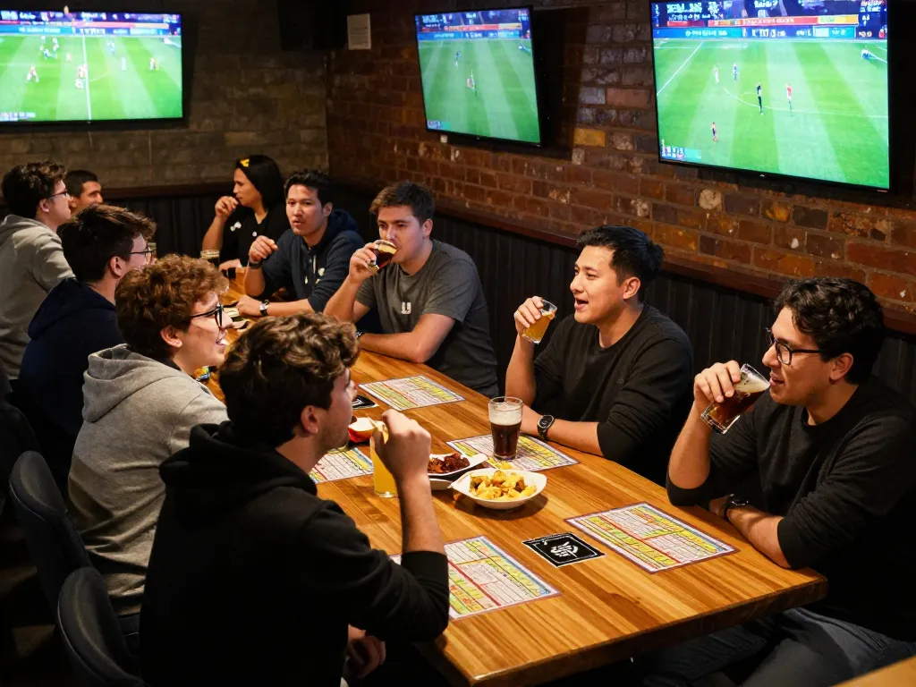 Engaged fans enjoying CakhiaTV sports betting atmosphere at a lively bar