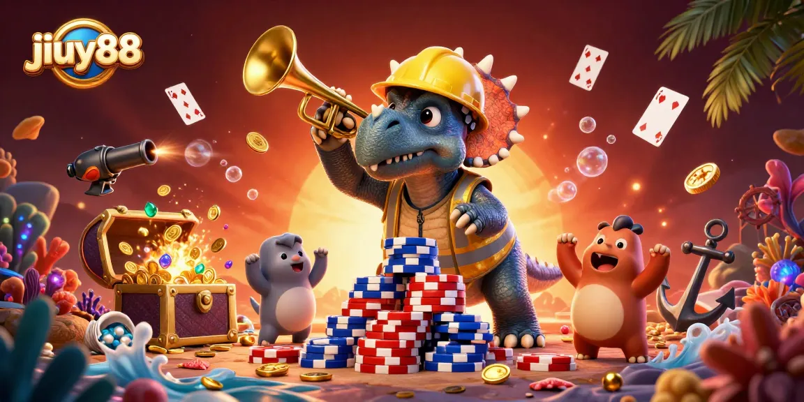 Experience excitement with jiuy88 as a triceratops stacks poker chips in a vibrant casino scene.