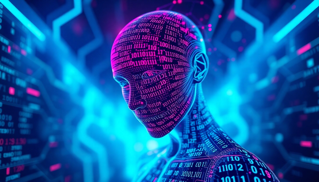 Futuristic representation of ai porn with neon colors and digital humanoid figure