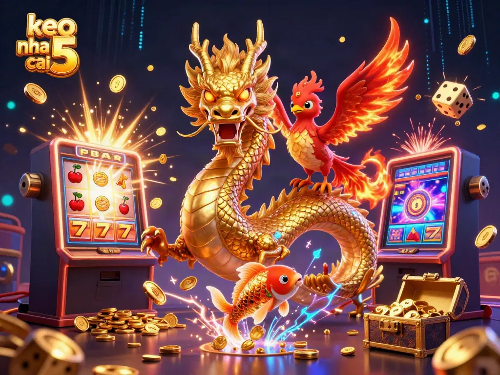 Engage with keo nha cai 5 featuring a fierce dragon and phoenix in a lively casino scene with coins and games.