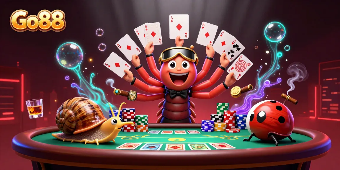 Experience exciting gameplay with Go88 featuring a cartoon millipede dealer in a vibrant poker scene.