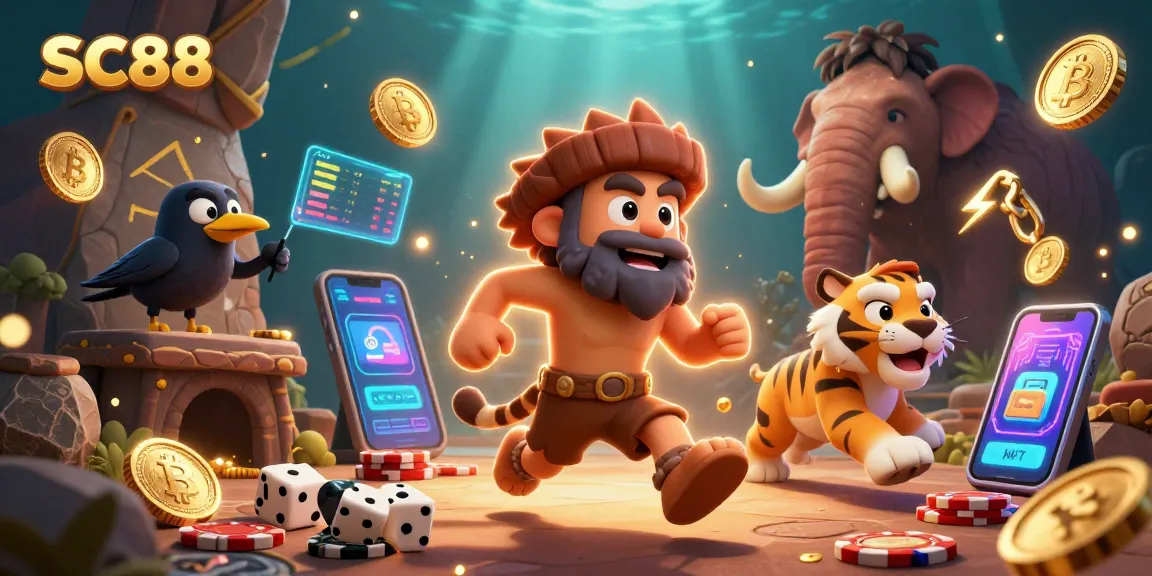 Engage with SC88's vibrant prehistoric casino scene featuring a lively caveman, tiger, and crow.