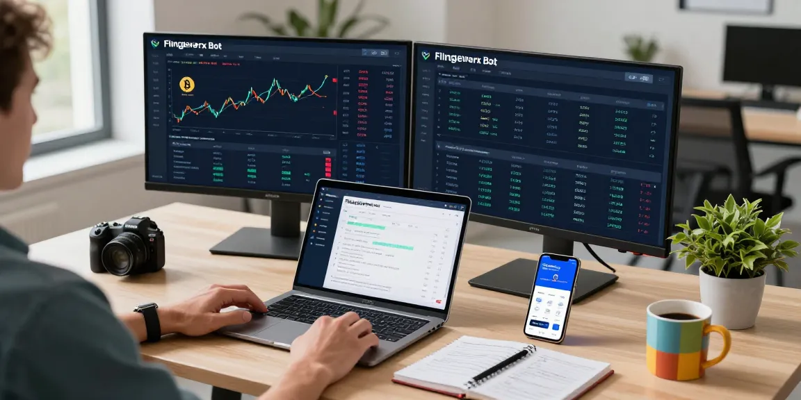 Flingeverx Bot cryptocurrency trading setup featuring Bitcoin and Ethereum charts on monitors and a DeFi platform on laptop.