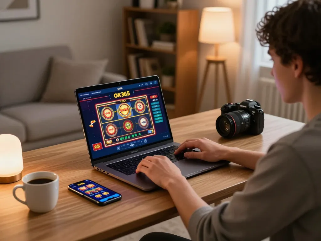 Engaged player using OK365 COM on laptop for an exciting online casino experience at home.