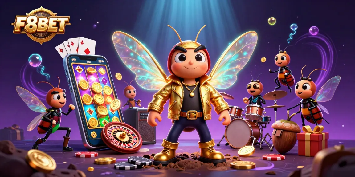 Experience thrilling gaming with F8BET as the cicada rock star and friends perform amidst vibrant casino elements.