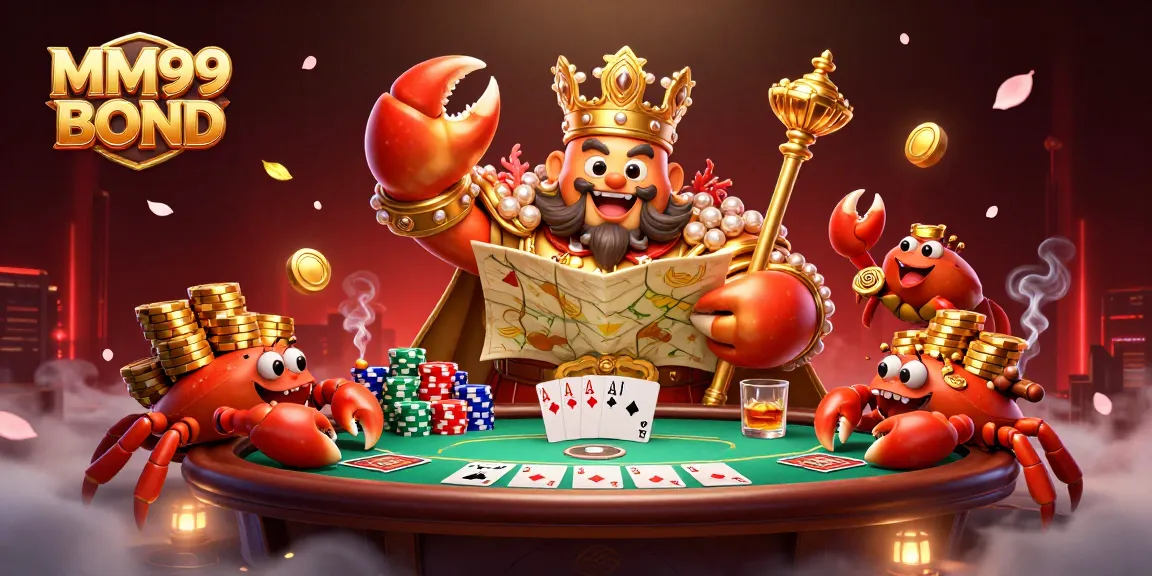 Win big with MM99 BOND at vibrant casino, featuring a golden crab emperor amidst poker elements.