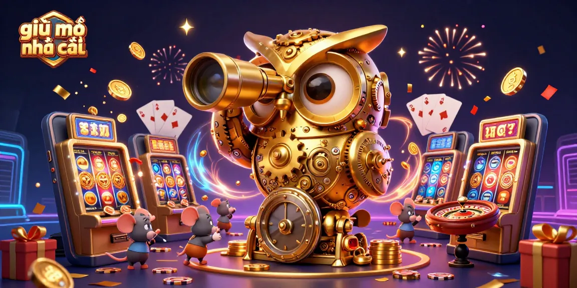 Engaging illustration with giải mã nhà cái showcasing a golden owl in a lively casino, featuring slot games and dynamic gaming elements.