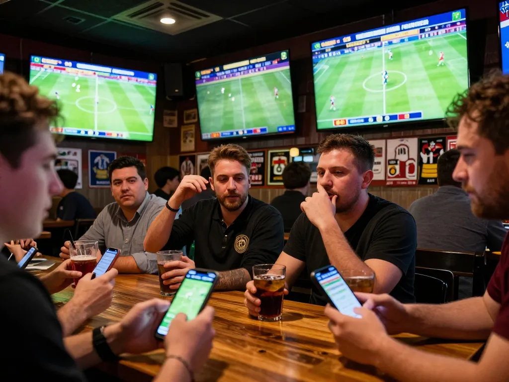 Fans engaged in betting strategies, analyzing tỷ lệ kèo nhà cái in a lively sports bar atmosphere