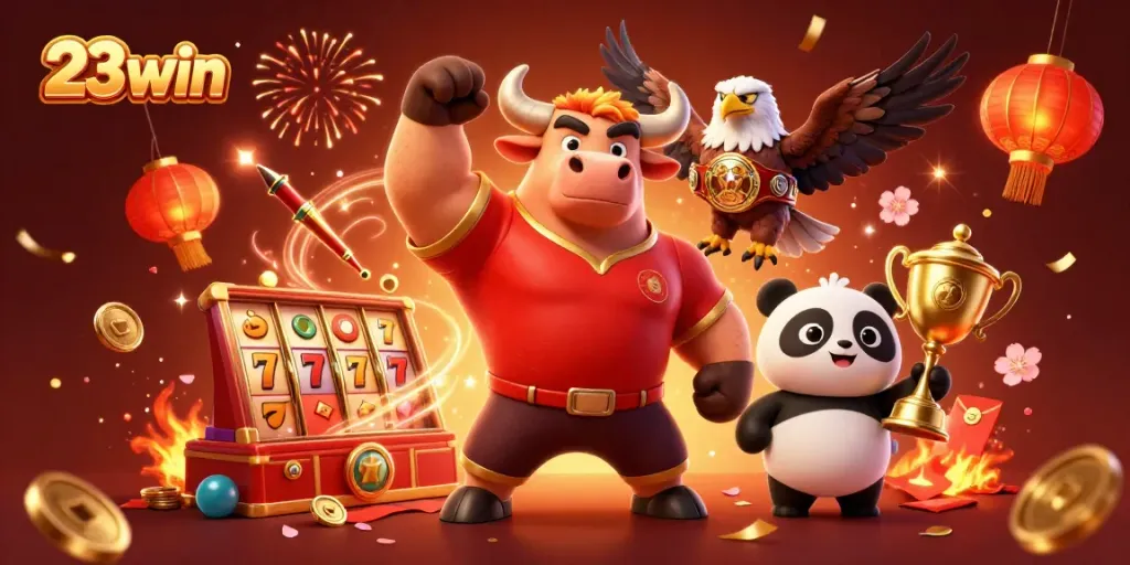 Experience the excitement of 23win with a vibrant scene of winning characters and casino elements.
