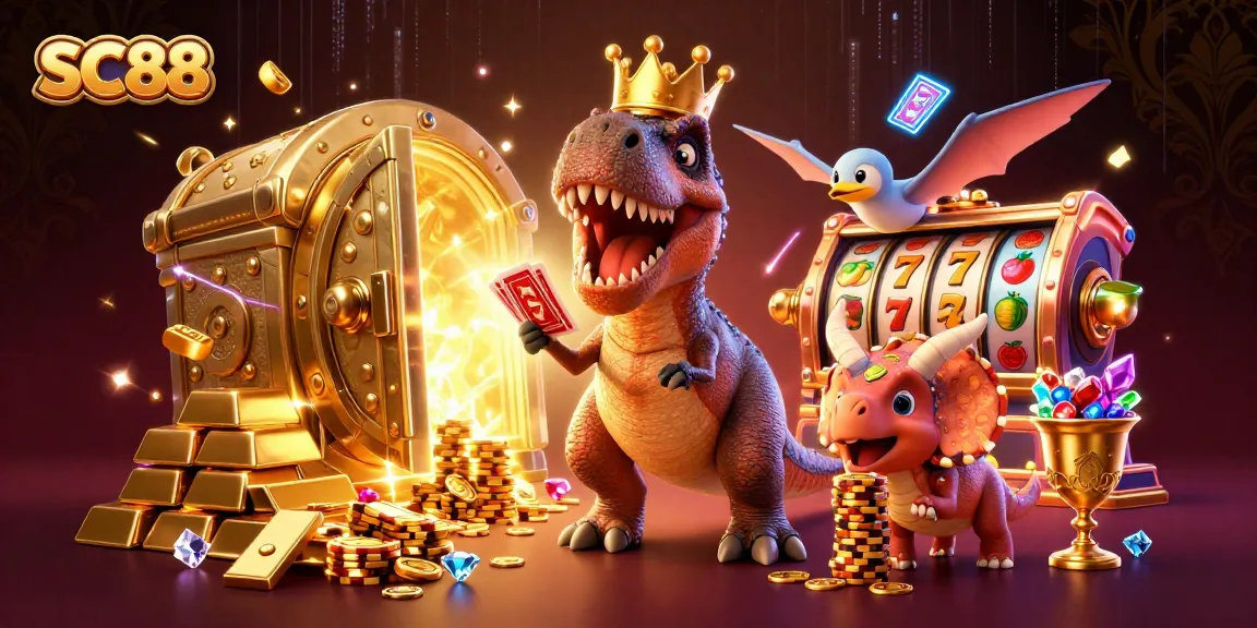 Engage with SC88's 3D casino adventure featuring a T-Rex and triceratops in a vibrant scene.