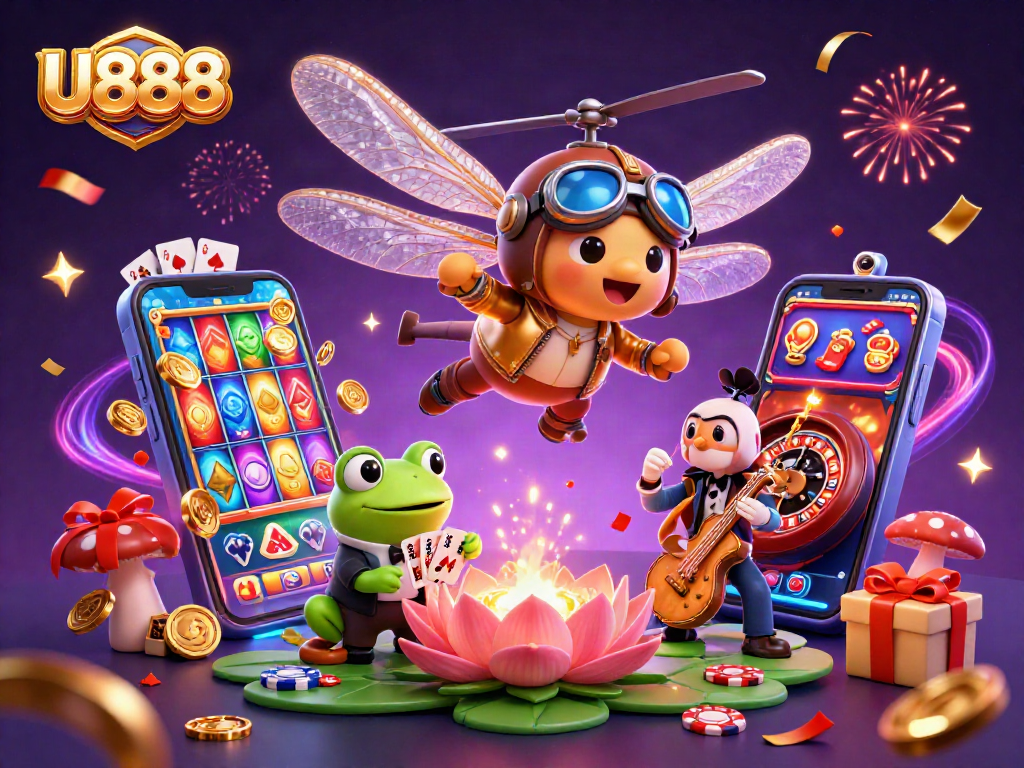 Experience the thrill of U888's vibrant 3D casino scene with dynamic characters and gaming elements.