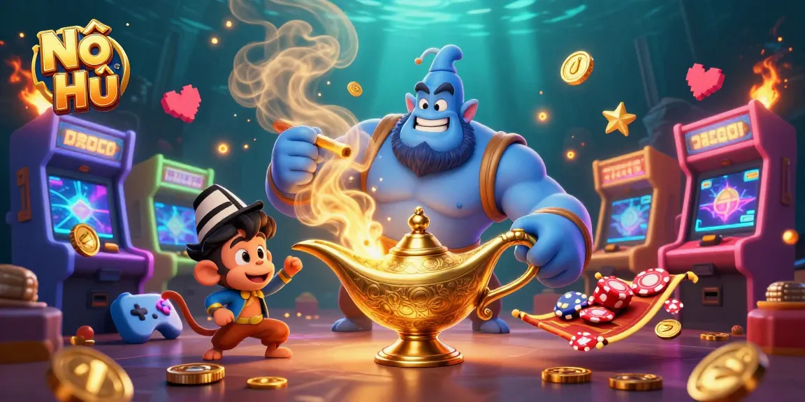 Nổ Hũ features a magical scene with a genie, colorful games, and glowing elements enticing players.