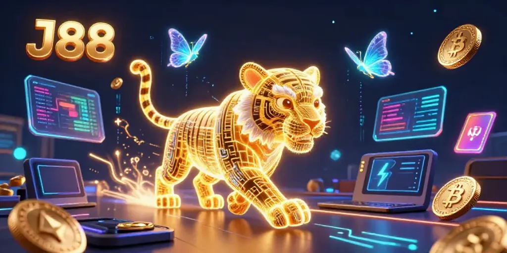 Experience the thrill of J88 with a vibrant digital casino scene featuring a radiant golden tiger and cryptocurrencies.