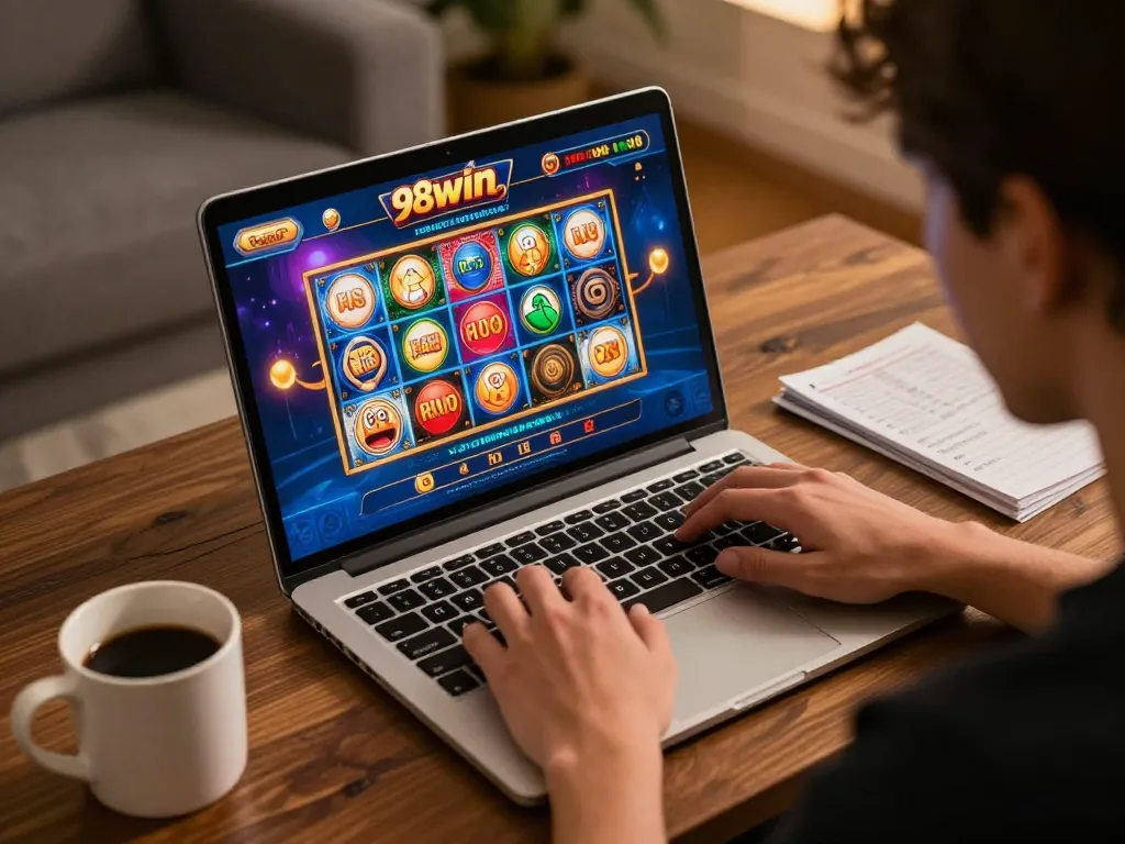 Player enjoying a thrilling 98win online casino game on a laptop in a cozy setting.
