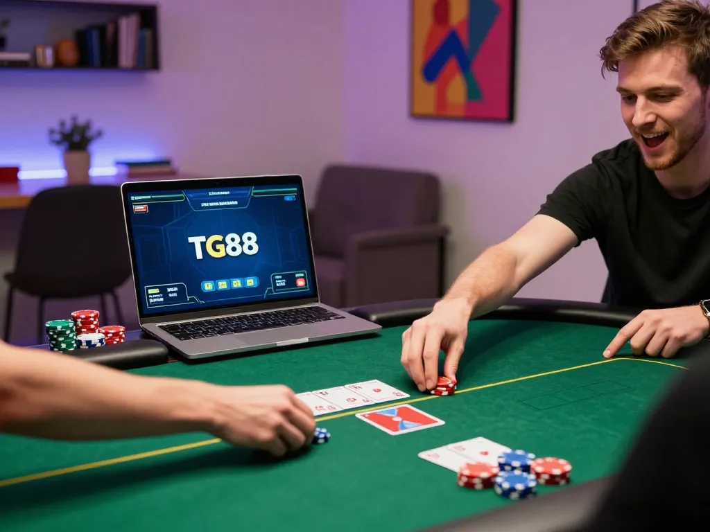 TG88 player placing bets at online poker setup, showcasing winning strategy and excitement