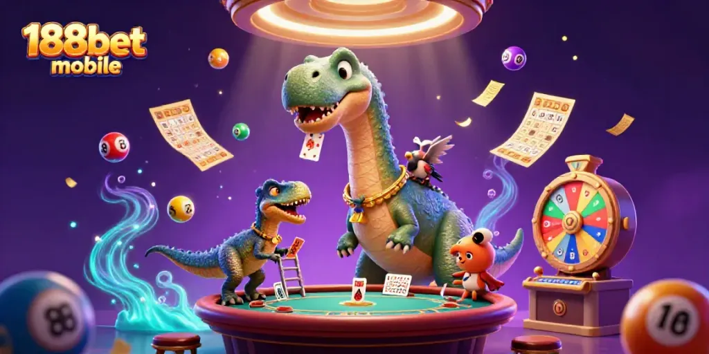 Engage with the lively scene of 188bet mobile casino featuring animated characters and vibrant gaming elements.