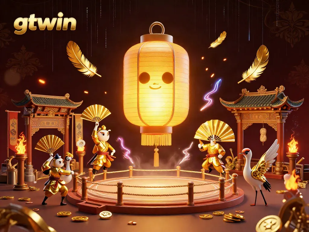 Experience the magic of gtwin with a vibrant casino scene highlighted by a golden lantern spirit and dynamic game elements.