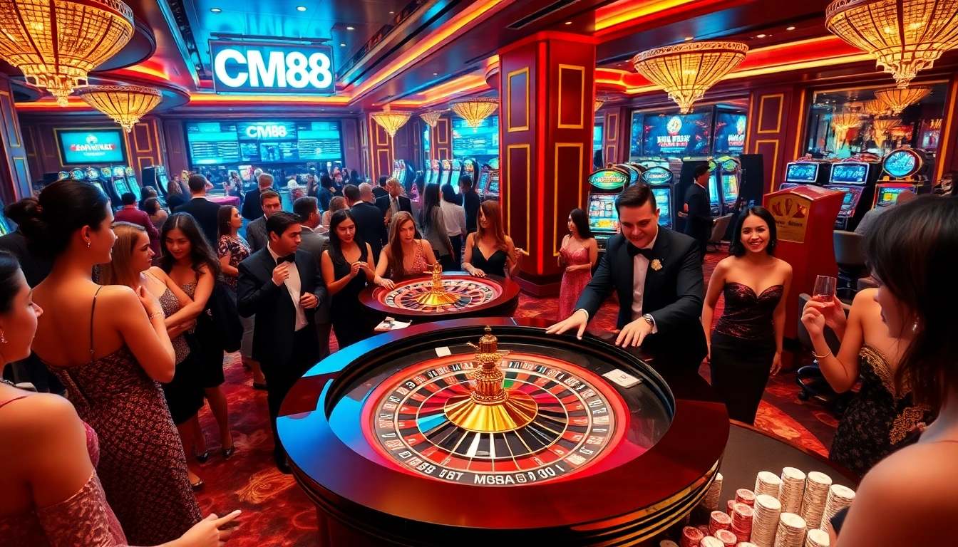 CM88 casino scene highlighting roulette excitement and glamorous players engaging in play.