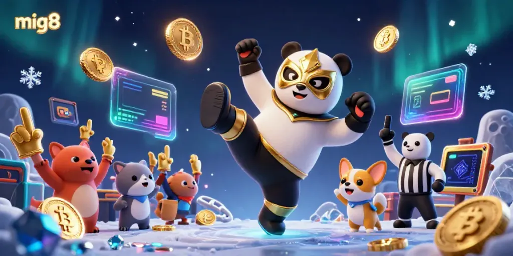 Experience the thrill of gambling with mig8 as a panda wrestler kicks in a lively casino scene.