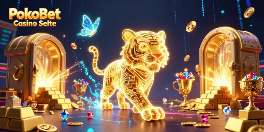 Erleben Sie die aufregende Welt von PokoBet Casino Seite mit unserem leuchtenden Tiger und Goldschätzen.