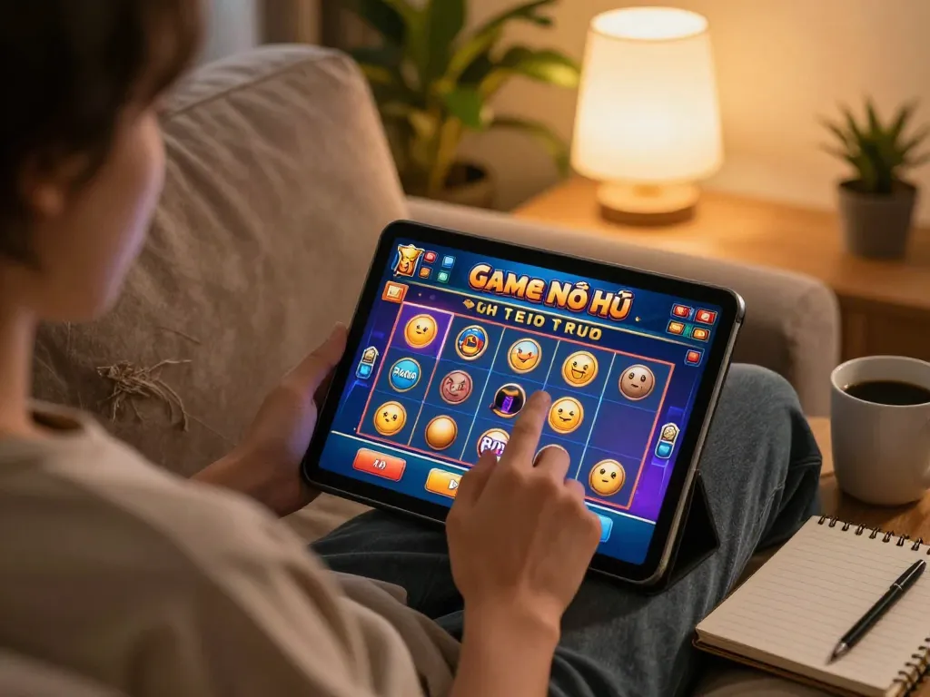 Engaging in Game Nổ Hũ on a tablet at home, showcasing the vibrant gaming interface.