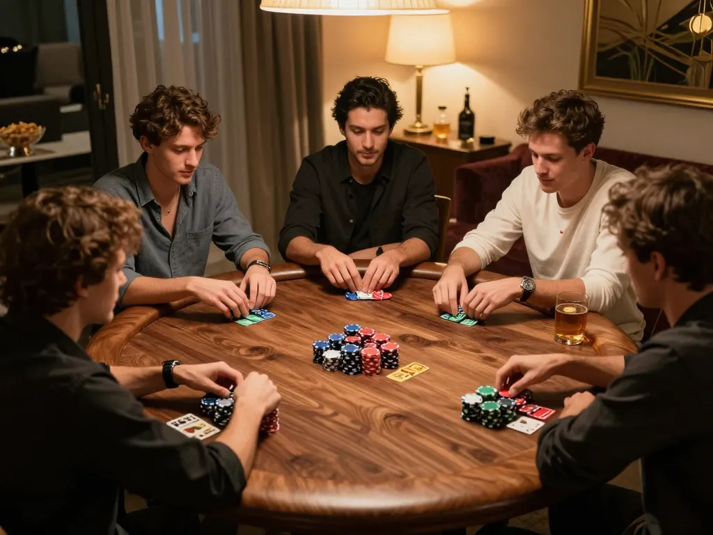 va88 poker game night with friends around a round table, chips stacked, snacks nearby, cozy lighting