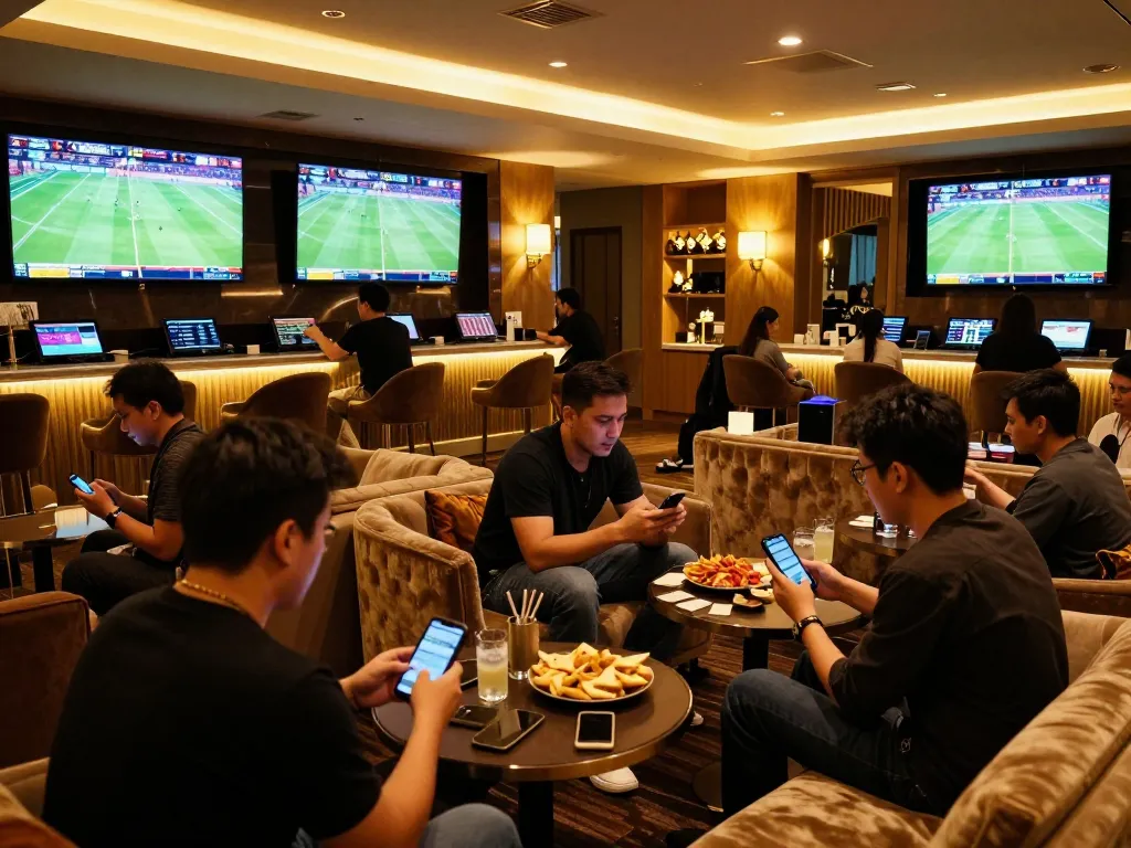 cm88casino enthusiasts enjoying a luxury sports betting lounge, analyzing live games and strategizing.