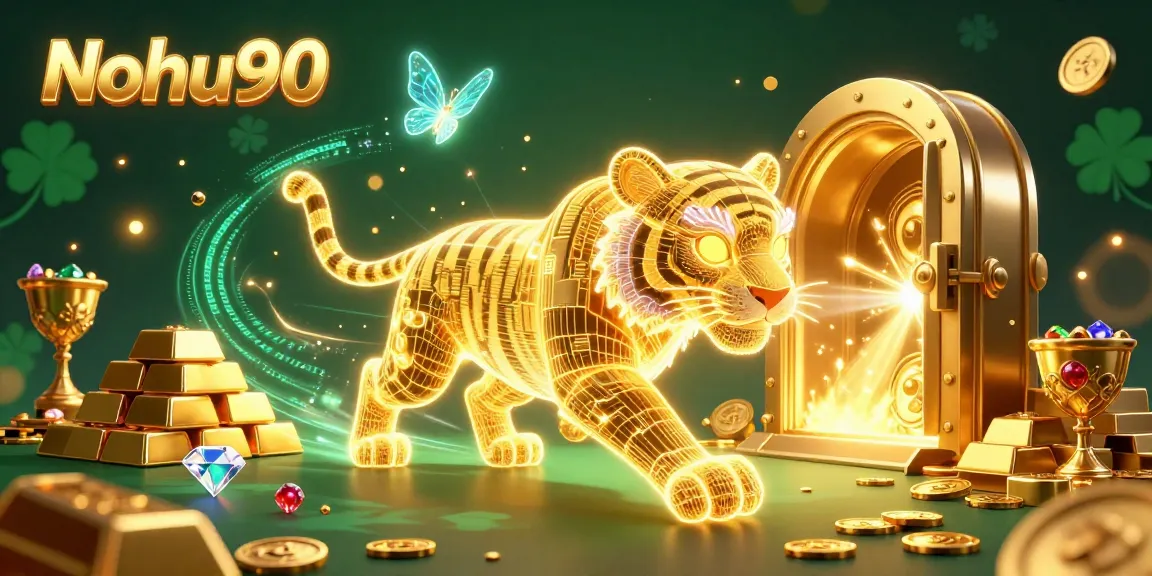 Nohu90 transforms gambling with a vibrant digital casino landscape featuring captivating golden tiger and jewels.