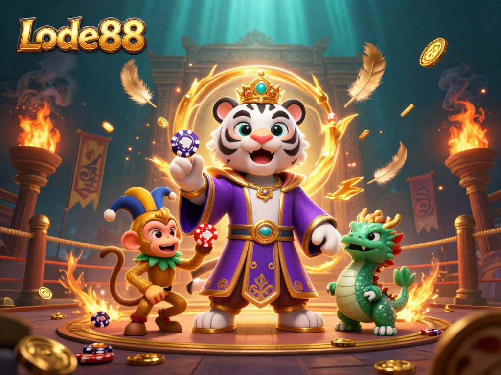 Lode88 showcases a vibrant 3D scene of a royal tiger, monkey, and dragon amidst a dynamic casino atmosphere.