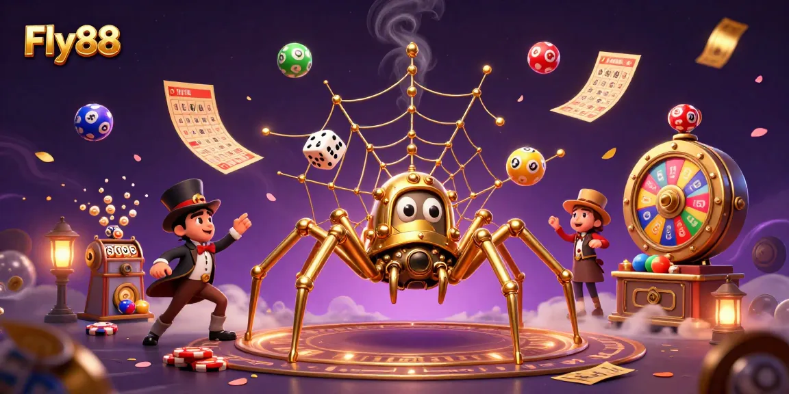 Fly88's vibrant casino scene features a golden spider and amusing fly gentleman amidst colorful lottery elements.