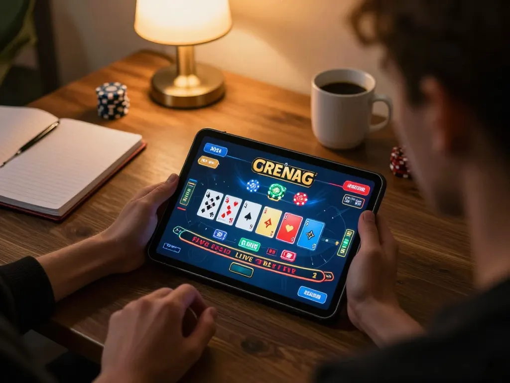 Player enjoying Jun88 live dealer casino game on tablet in cozy home setup