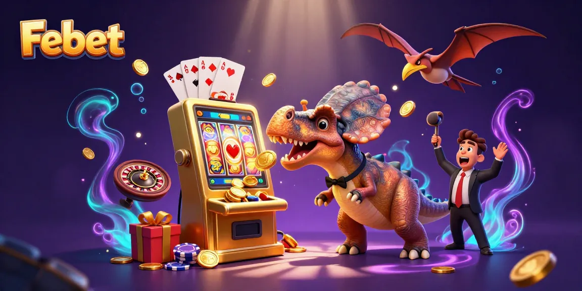 Febet players winning jackpot coins as a cartoon dinosaur interacts with a golden slot machine in an exciting casino scene.