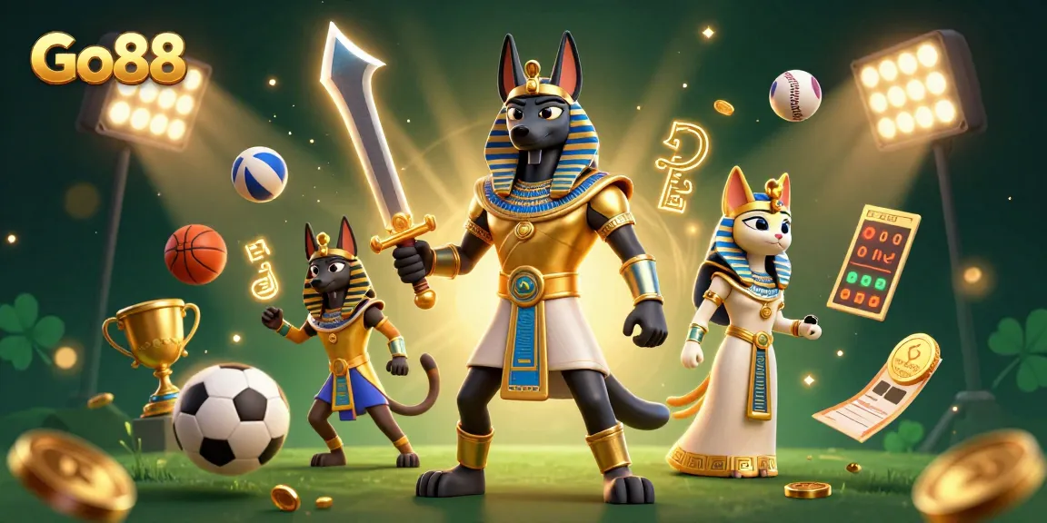 Engage with Go88's vibrant online casino experience featuring Anubis, sports balls, and dazzling treasures.