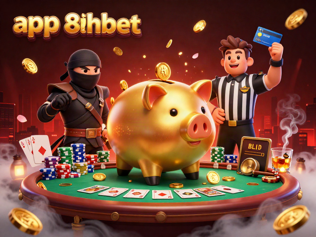 app 8xbet showcases a lively poker scene featuring a golden piggy bank sumo wrestler, adding excitement to the game.