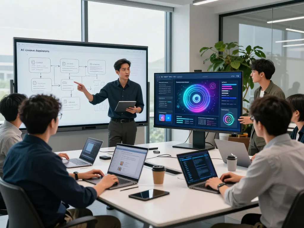 collaborators developing crush on ai applications in a modern design lab