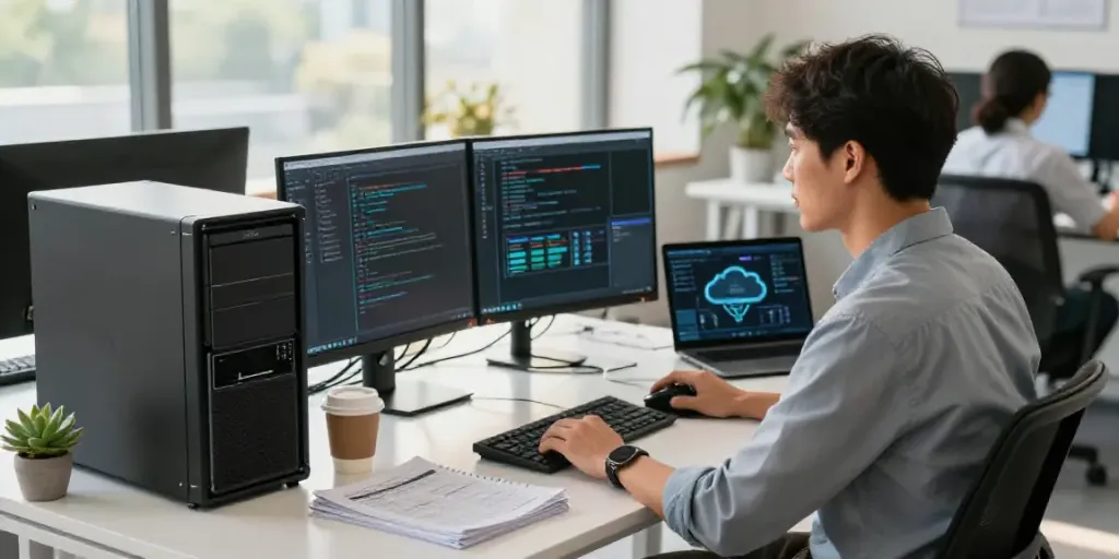 IT technician optimizing a vServer setup in a bright office.