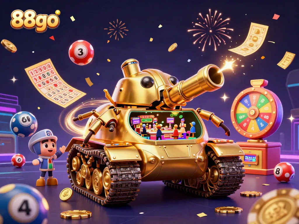 88go promotes excitement with a rich casino experience in a vibrant, festive 3D scene.