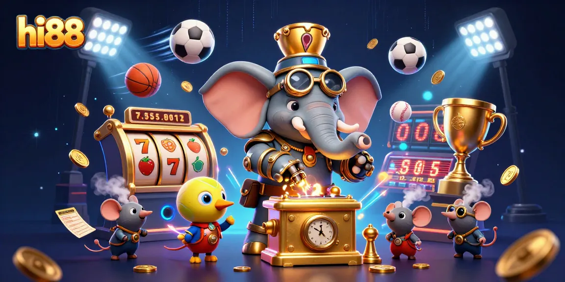 Spin the hi88 slots with a steampunk elephant engineer and sports elements in a vibrant casino scene.