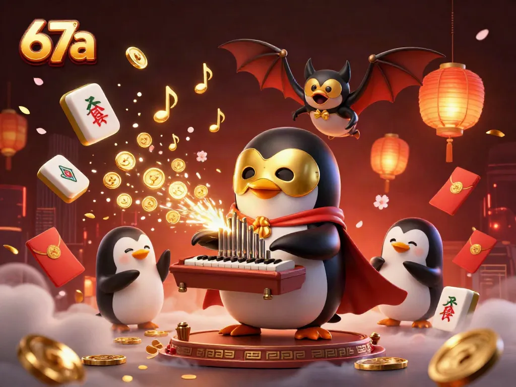 Experience the thrill of 67a's vibrant casino scene with a 3D penguin playing music amidst golden rewards.