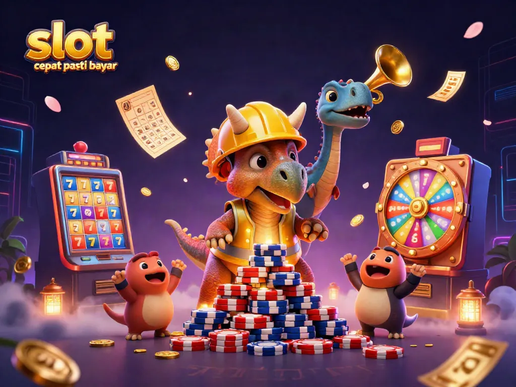 Slot wd cepat pasti bayar: Menggambarkan lingkungan kasino 3D yang menarik dengan karakter kartun dan elemen permainan.