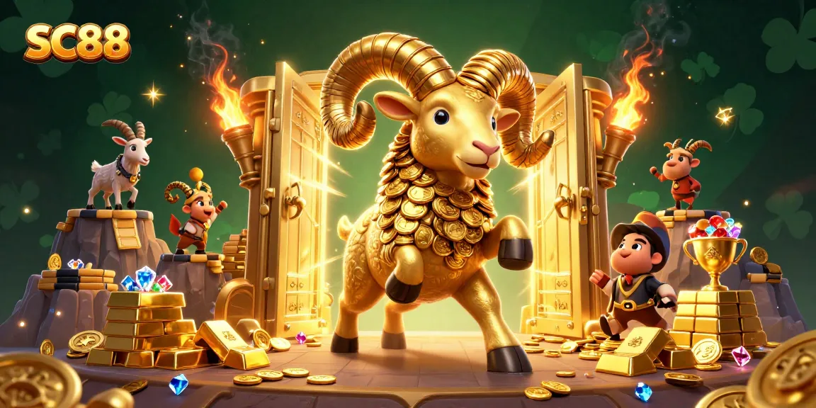 Join the excitement of SC88 with a golden ram charging through a treasure-filled casino scene.