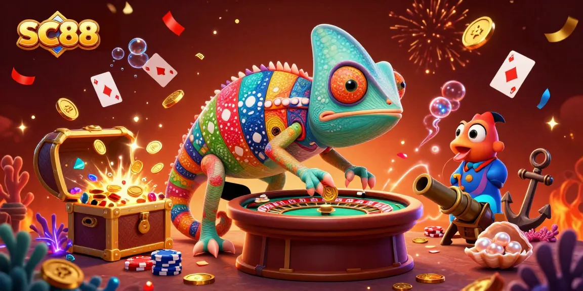 Engage with SC88's vibrant online casino experience featuring a chameleon owner collecting treasures.