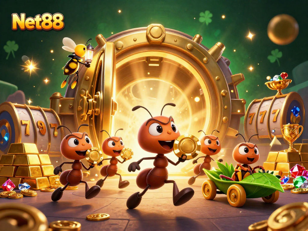 Net88 showcases a thrilling 3D scene of ants scheming a heist amidst golden treasures and casino elements.